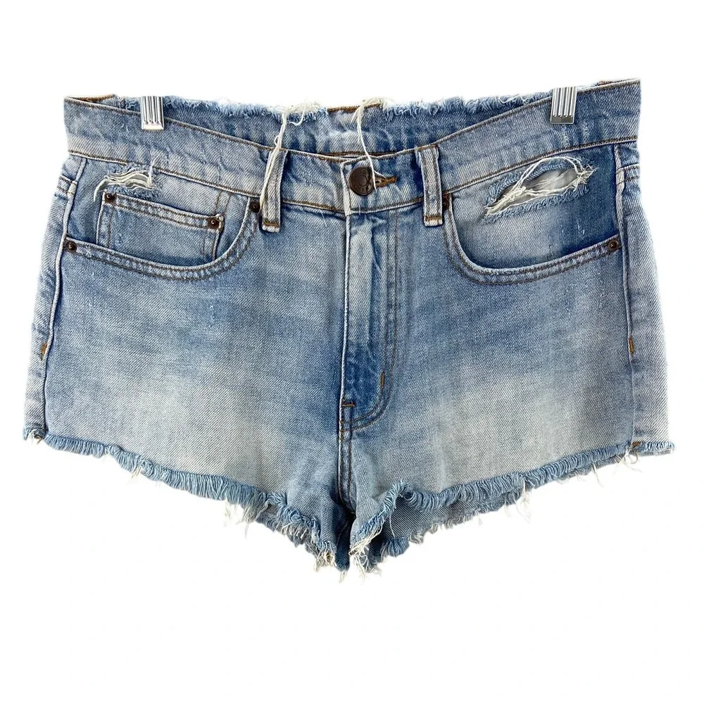 BDG Denim Shorts Women 26 Light Wash Distressed Embroidered Patch Boho Cutoffs